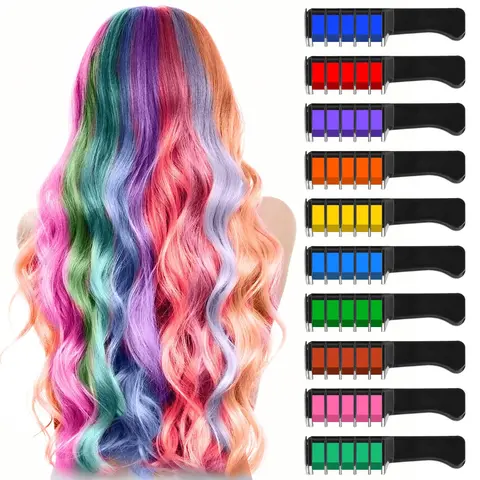 1-Set of 10-Pcs Brightly Colored Hair Dye DIY Kit, Glossy Chalk Comb for Haircare, Easy-Apply Temporary Color Powder Pencil, Washable Safe Highlights, Halloween Hair Styling