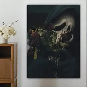 Room Decor Scream-Inspired Ghostface Canvas Art Print - Eerie Horror Film Decor With Withered Roses & Hooded Figure - Wall Poster For Bedroom, Living Room, Or Office - Perfect Gift For Horror Fans, Mysterious Box Cotton Lightweight Matte