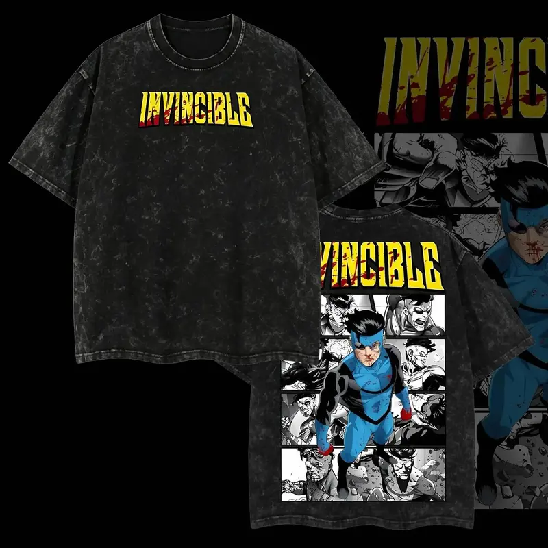 USA-Made Men's Ribbed Oversized Acid Washed Graphic Tee - 230gsm Premium Cotton, Short-Sleeve Streetwear Top with Invincible Comic Print, Non-Fitted