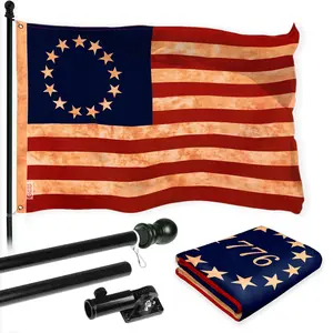 G128 Combo Pack: 6 Ft Tangle Free Aluminum Spinning Flagpole (Black) & Betsy Ross Tea-Stained Flag 3x5 Ft, LiteWeave Pro Series Printed 300D Polyester | Pole with Flag Included