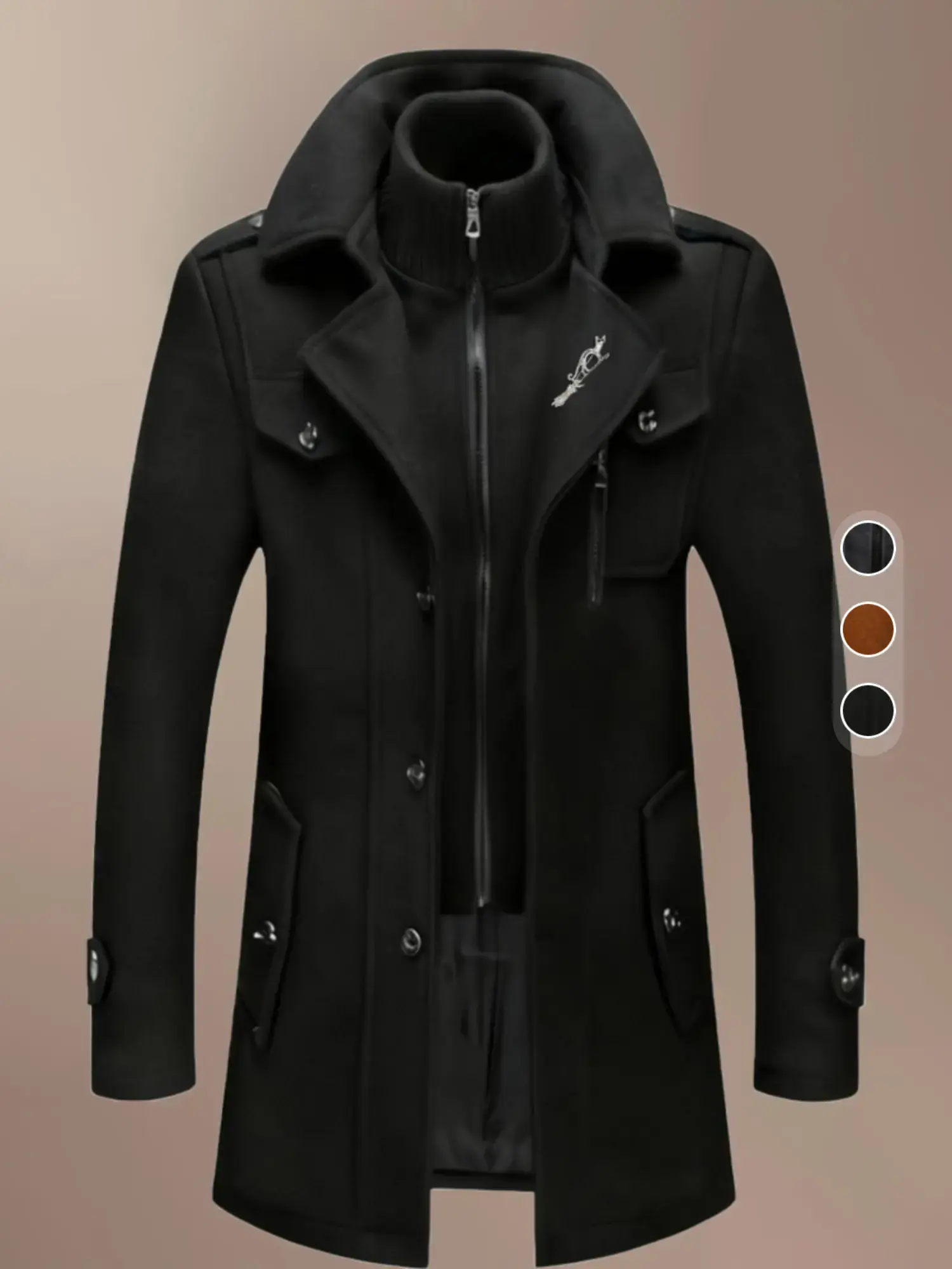 Men's Fashion Double Collar Mixed Fiber Long Coat, Zipper and Pocket Design, Warm and Durable, Suitable for Business or Casual Autumn/Winter, Winter Clothing