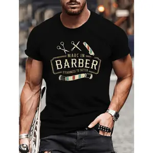Premium Barber Print Men's Casual Short Sleeve Tee For Summer Comfort And Versatile Outdoor Wear