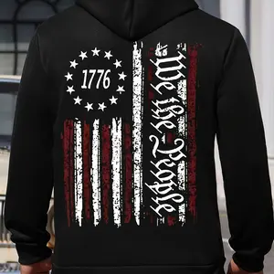 Men's Vintage American Flag Hoodie with Distressed 1776 and "We The People" Back Print, Regular Fit Causal Top, For Patriotic Streetwear