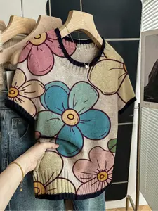 Floral Print Round Neck Sweater, Casual Short Sleeve Knitwear for Spring Summer Fall, Comfortable Warm Women's Clothing