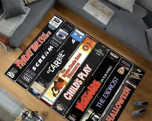 Horror Movie Themed Rug, Nostalgic Retro Style Rug, Vhs Case Themed Horror Rug, Home Theater TV Room Rug Horror Movie Themed Rug, Nostalgic Retro Style Rug, Vhs Case Themed Horror Rug, Home Theater TV Room Rug