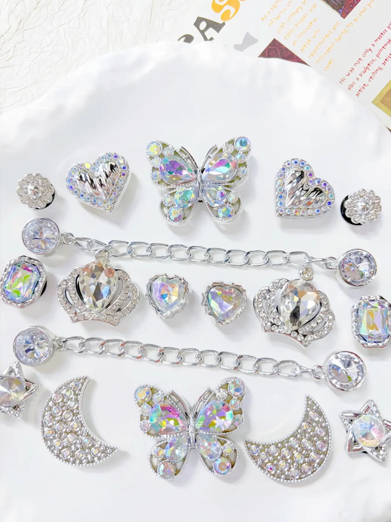 18pcs Silver Color Laser Decorative Shoe Accessories, Shoe Decoration Charms, Shoe Embellishment Set, Sparkly Butterfly Moon Heart Crown Star Chain Decor, DIY Footwear Decoration for Parties Gifts