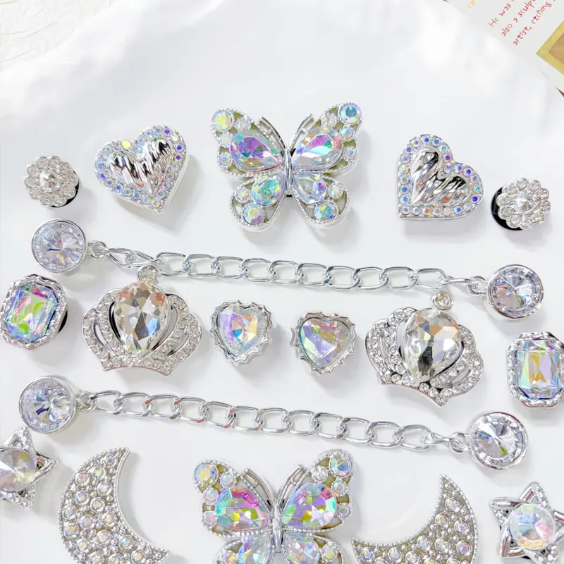 18pcs Silver Color Laser Decorative Shoe Accessories, Shoe Decoration Charms, Shoe Embellishment Set, Sparkly Butterfly Moon Heart Crown Star Chain Decor, DIY Footwear Decoration for Parties Gifts