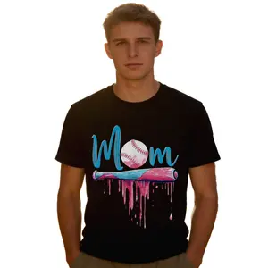 100% Cotton Short-Sleeve T-Shirt with "Baseball Mom" Design-A casual crew-neck T-shirt made from 100% cotton, featuring a baseball bat and pink splatter print, designed specifically for active moms. Printed T-shirt