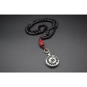 Om Necklace Synthetic Red Coral Beads mixed with Matte Black Onyx 8mm unisex