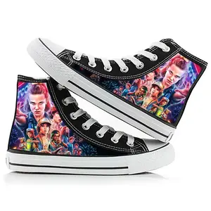 Stranger Things themed printed high-top canvas shoes for teenagers and students, fashionable and versatile Y2K-style flat sneakers, training and outdoor sports shoes, ideal for birthday and holiday gifts, wearable all year round