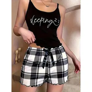 Women's Summer Pajama Set 2 Piece, Cartoon Pattern Sleepwear, Casual Fitted Nightgown & Shorts, Comfortable Home Wear