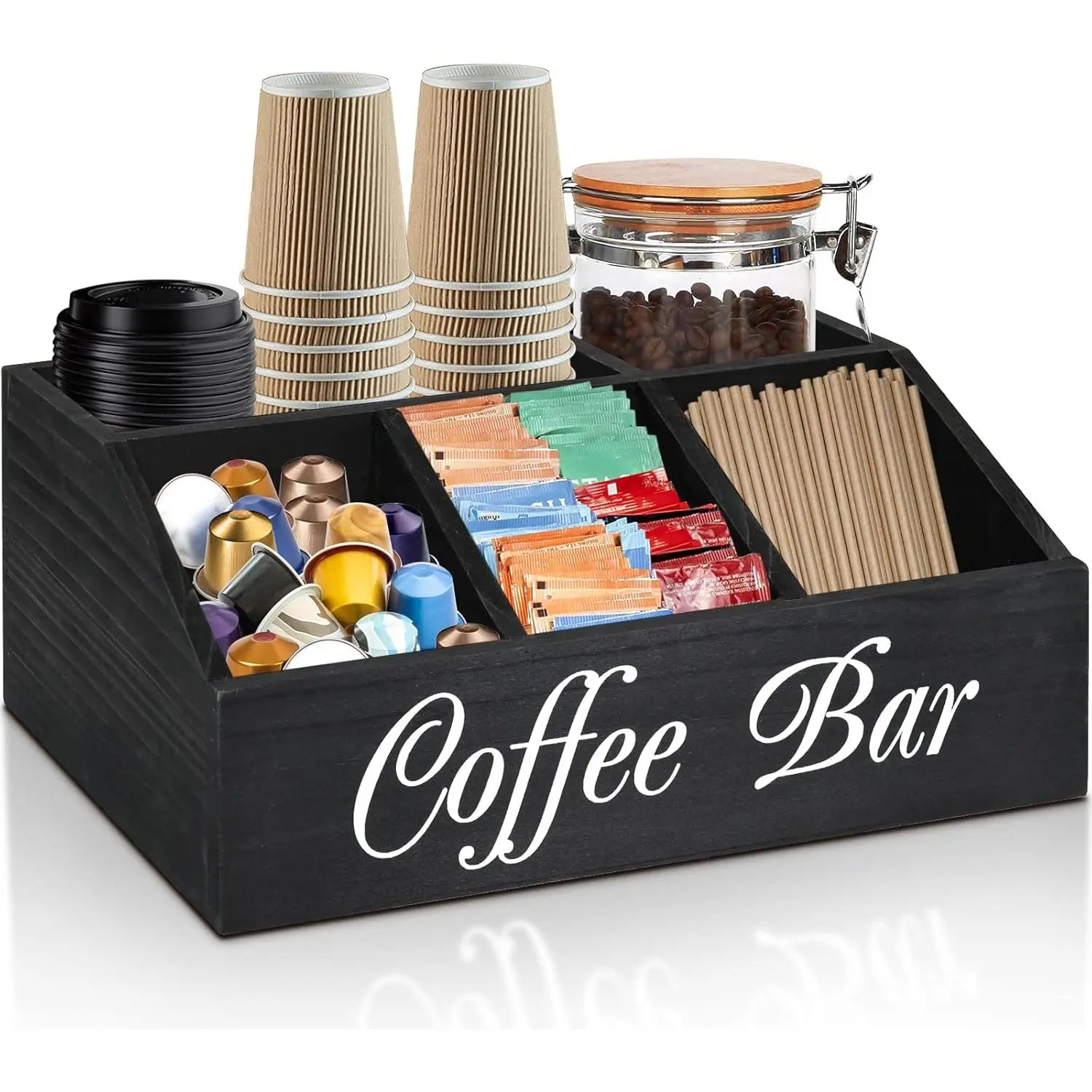 Coffee Station Organizer for Counter, Wood Coffee Pods Holder Storage Basket, Tea Condiment Storage Organizer, Rustic Bar Decor for Accessories Organizer