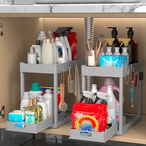 2pcs Under Sink Organizer - Multi-Purpose, 2 Tier Sliding Cabinet Basket, Metal Pipe, 8 Hooks for Kitchen And Bathoom Under Sink Organizers And Storage