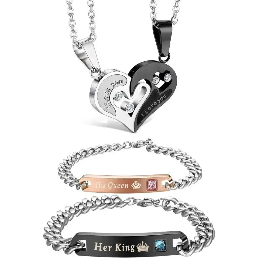 Fashion Jewelry Set, 4-Piece Casual Heart Puzzle Magnetic Matching Set with Pendant Necklaces & Bracelets for Couples, Symbolic Gift for Daily Wear, Women's Matching Sets
