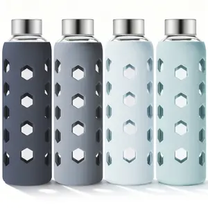 Mrsdry Glass Juice Bottles with Lids and Silicone Sleeves 18 oz, 4-Pack Reusable Clear Glass Water Bottles with Stainless Steel Airtight Cap for Juicing, Refrigerator, BPA Free Leak-Proof Drinking Jar