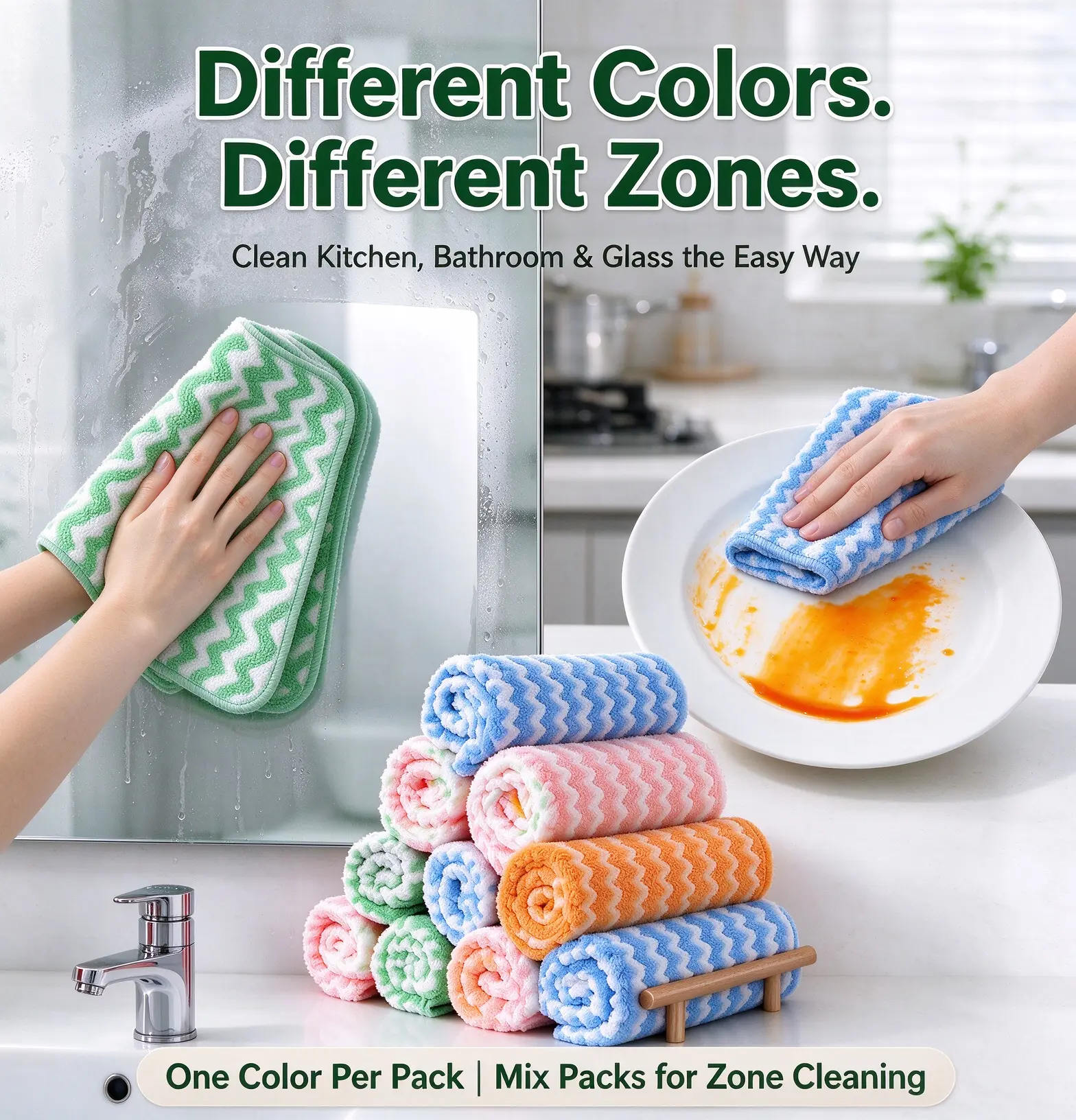 10 Counts Microfiber Cleaning Cloths, Single Color Per Pack, Colors Sent Randomly, No Mixed Colors, Color-Coded Zone Cleaning Towels, Streak-Free Lint-Free for Kitchen Bathroom Glass
