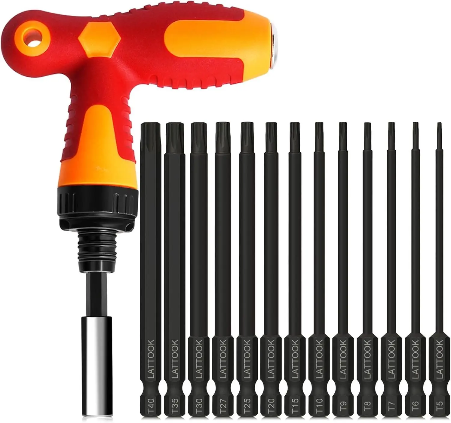 Torx Bit Set with T Handle Ratchet Driver,  13 count  Bits Set with 1/4 Ratcheting Bit Driver,  S2 Steel, 4'' Long