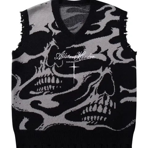 Men's Gothic Skull Cross Embroidered Knit Sweater Vest, Knitted Vest, Casual Round Neck Pullover for Fall & Winter, Trendy Street Fashion