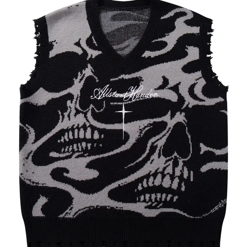 Men's Gothic Skull Cross Embroidered Knit Sweater Vest, Knitted Vest, Casual Round Neck Pullover for Fall & Winter, Trendy Street Fashion