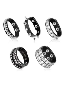 5PCS PU Leather Cuff Bracelets for Women Punk Studded Bracelets, Black Spike Rivet Cuff Wrap Bangle, Adjustable Wristband for Men Women Gothic Rock Emo Accessories, Trendy Stack Bangle