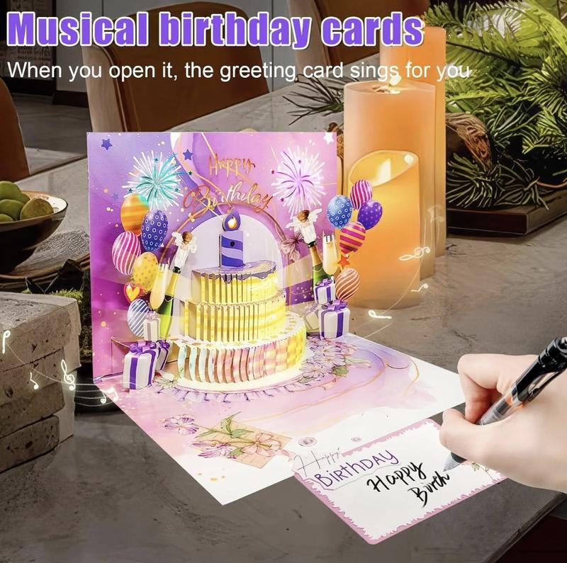 BREEZA Birthday Cards Fireworks Pop Up Cake Blowable Light and Music Happy Birthday CardGifts for Wife,Husband, Grandpa,Grandma,Daughter,Son Birthday Gift,Cake Fireworks LED Candle Lights,3D Birthday Card with Music and Colorful Lights