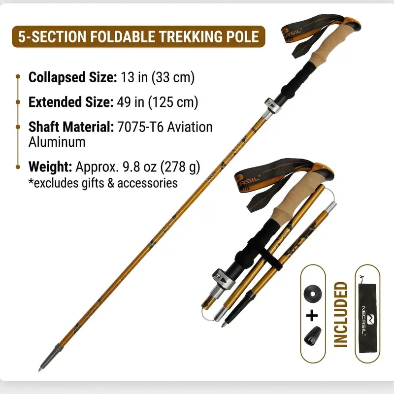 Aluminum 7075 Alloy Lightweight Foldable Retractable Trekking Poles - Natural Cork Grips, Unisex Adjustable-Height Camping Gear, Backpacking Tactical Hiking Stick, Travel Accessory (Pair Recommended)