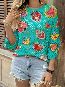 Spring and summer, round neck hollow loose bat with shoulder sleeves blouse, color love print women's Valentine's Day knit blouse, holiday style, casual and elegant commuting, women's vest blouse, bikini blouse, Bohemian holiday style seaside blouse