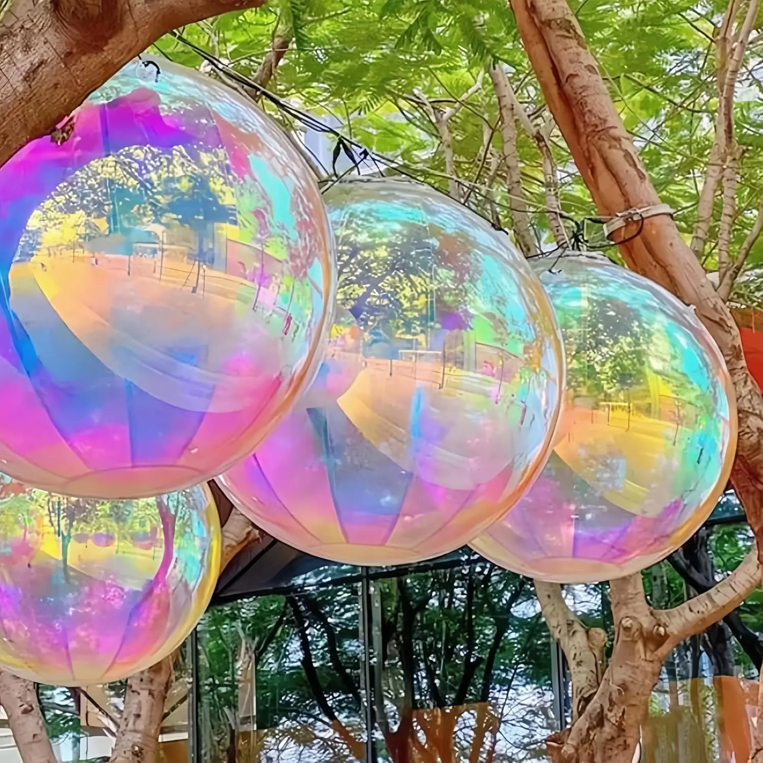 3Pcs 32 Inch Iridescent 4D Round Ball Balloons For Spring/Holographic Balloons/Star Clear Foil Decorative Folding Rainbow/Under The Sea Mermaid Groovy Party Decoration
