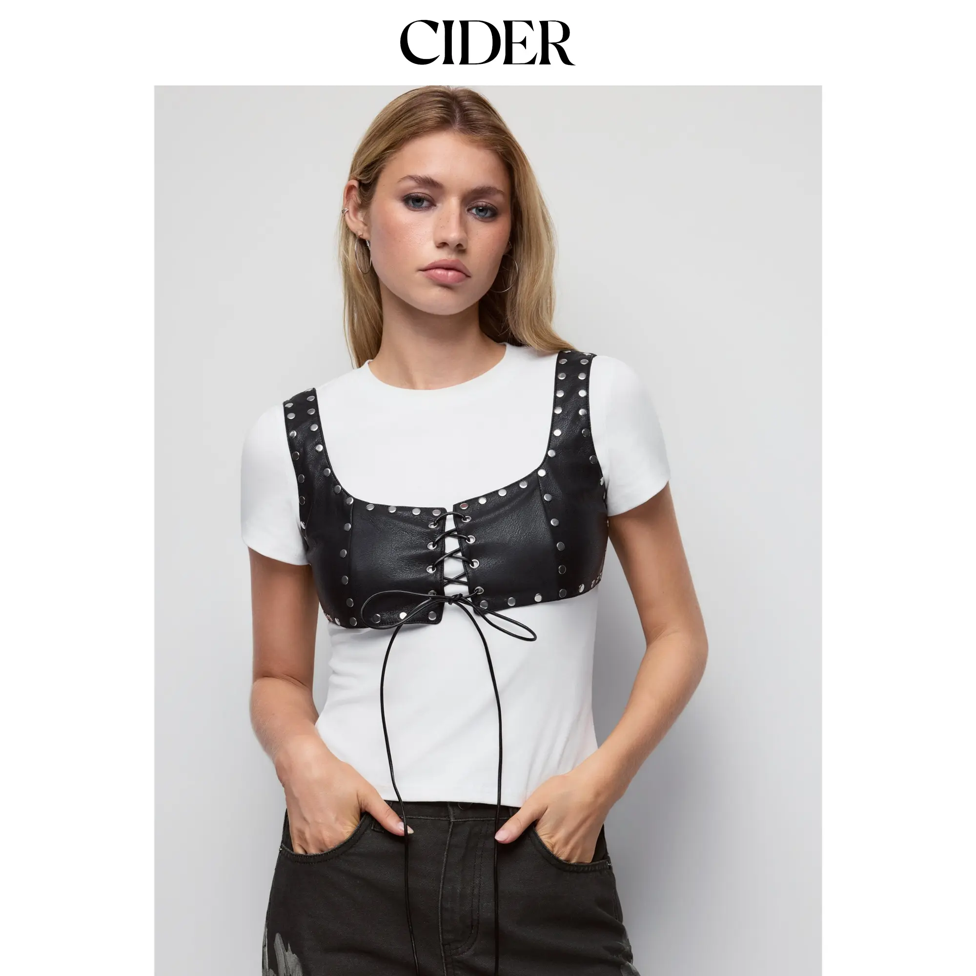 Cider Studded Lace-Up Faux Leather Bustier