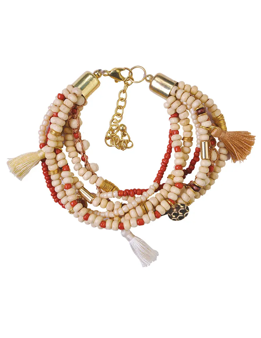 Women's The Collection Royal Boho Tassel Bracelet - Red & Beige, Handcrafted Glass Beads, Adjustable Extender (Adjustable Size), Lobster Claw Clasp, Boho Chic Aesthetic, Glass & Metal, Unisex Fit, Versatile Everyday Wear