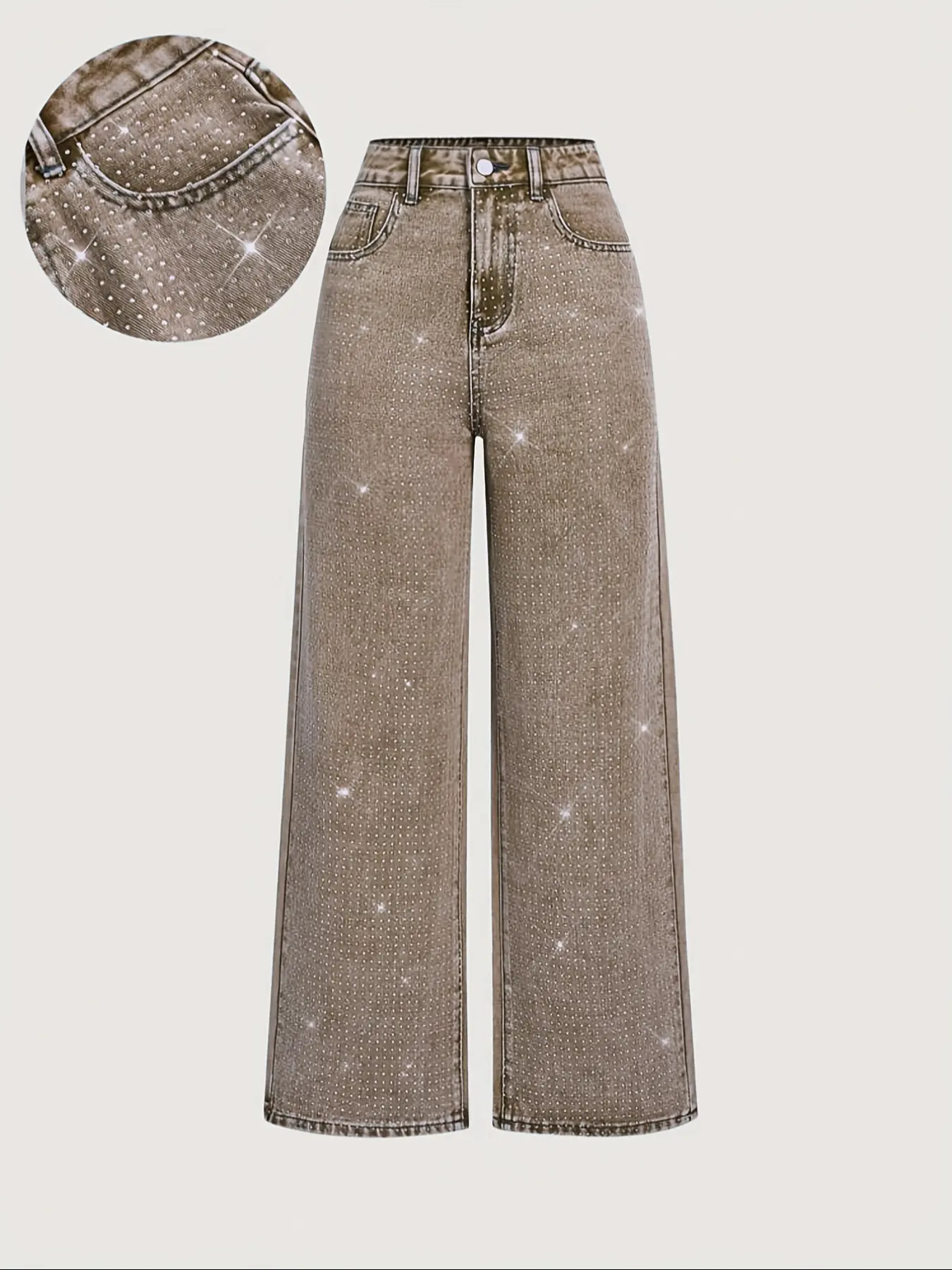 Women's Denim Flattering Jeans Denim Bottoms Spring Summer Wide Leg Straight Fit Front Full Rhinestone Luxury Chic Trendy Fashion Style Aesthetics Washed Long Trouser Pants Womenswear Fitted Bottom