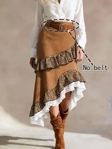 Women's High Waist Lace Patchwork Leopard Skirt, Irregular Hem Design, Vintage Style Medium-Length Dress, Perfect for Casual & Formal Wear