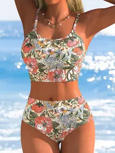 Boho Floral Print Two-Piece Swimsuit, High-Waisted Slimming Bikini Sets, Summer Beach Essential Swimwear, Casual Fitted Style
