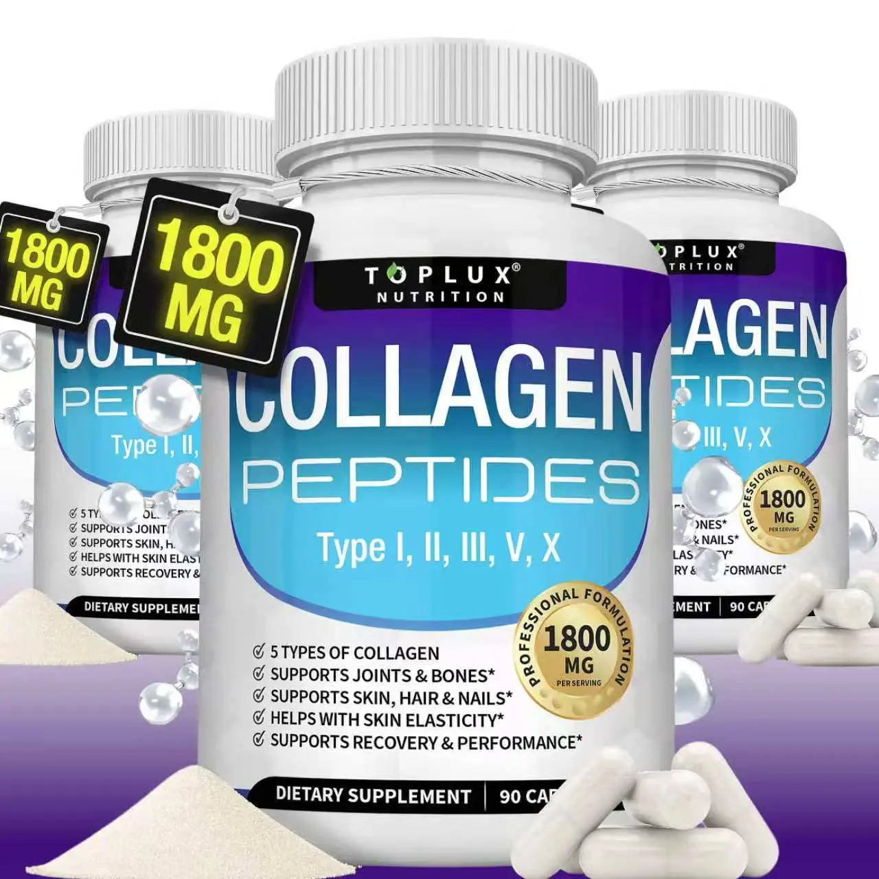 Toplux Multi Collagen Peptides Pills 1800 Mg Complex -Type I, I, Il,V,X Premium Collagen Complex for Better Skin &HairStrong Joint,Hydrolyzed Protein, for MenWomen,90Capsules, Supplement