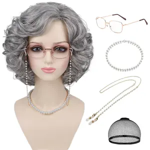 Granny Wig and Accessories 5 count Set for Old Lady Costume Grandma Wigs for  Halloween Party Chriatmas Or Fun(Dark Grey)