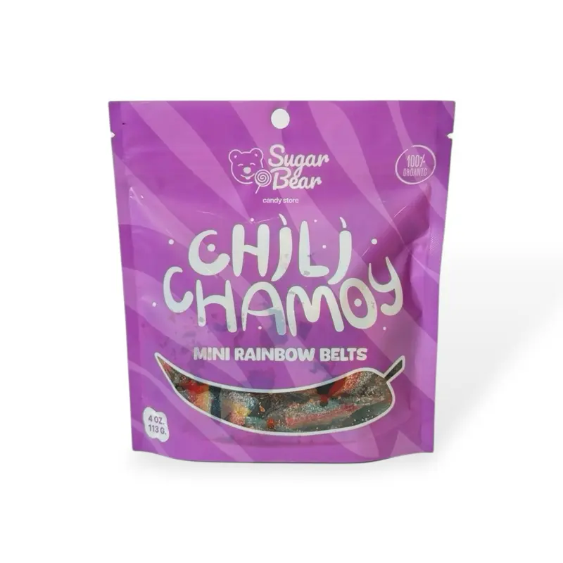 Chili Chamoy Mini Rainbow Sour Belts - Spicy Sour Candy Covered with Sugar - 4oz Candy Bag Snack Bonbon