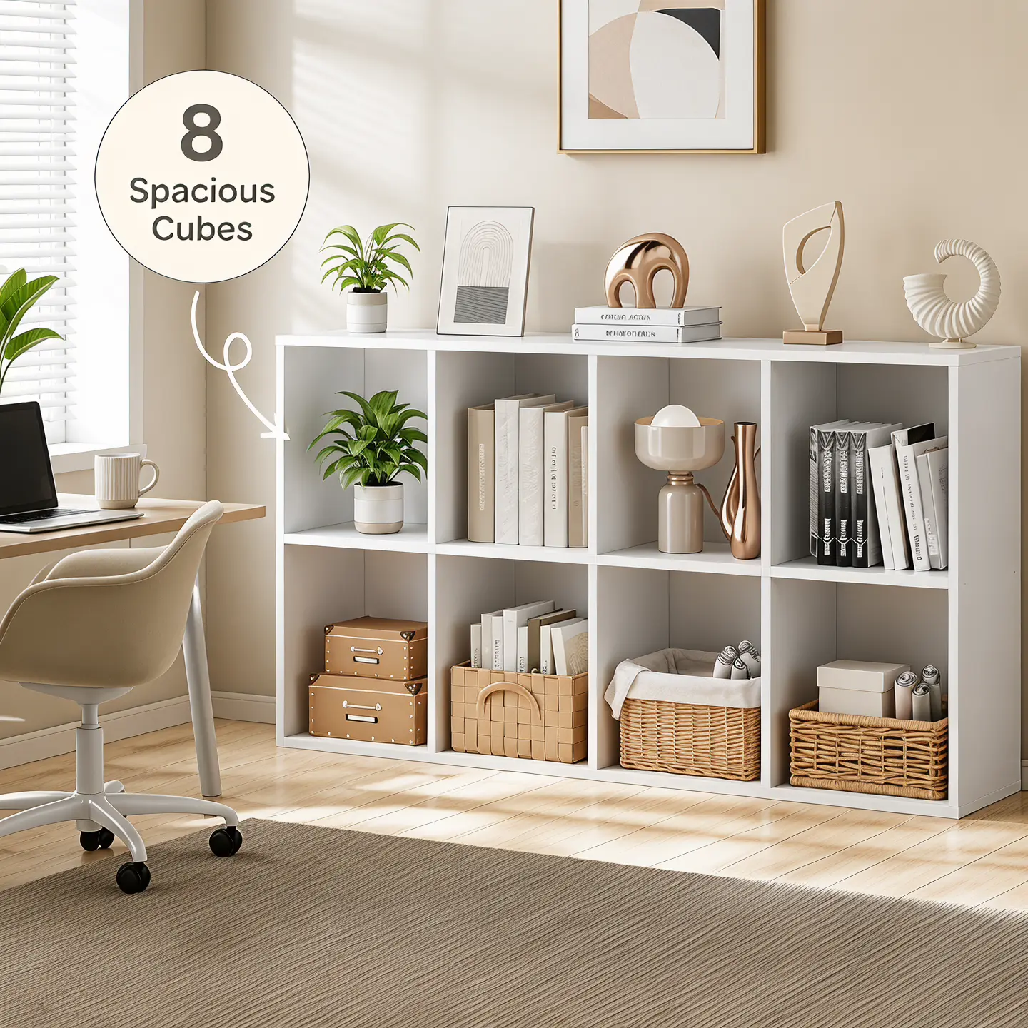 8-Cube Open Storage Organizer Bookcase - Living Room Furniture with 4 Removable Back Panels, White Shelf for Bedroom, Home Office