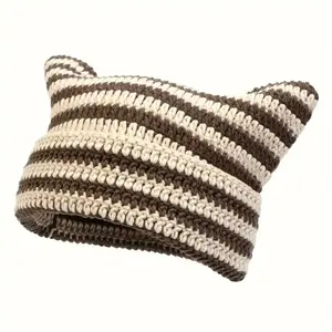 2026 New 1pc Handmade Crochet Little Devil Cat Ear Beanie, Unisex Knitted Streetwear Hip-Hop Hat, Soft Stretchy & Versatile Casual Fashion Headwear, Lightweight Comfortable for Outdoor & Daily Wear, Machine Washable All-Season Cool Hat for Men & Women Kni