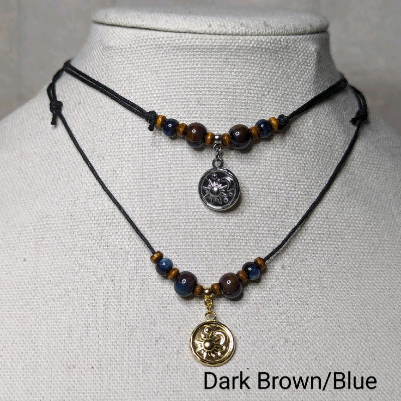 Ceramic Beaded Silver or Gold Moon & Sun Charm Boho Hippie Whimsical Adjustable Black Rope Cord Choker Stacking Necklace