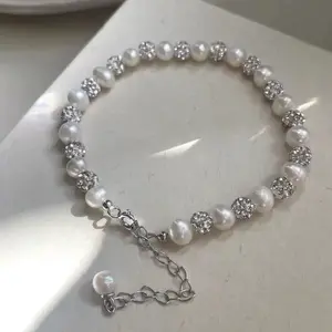 SR Pearl Co. Crystal Ball Freshwater Pearl Bracelet S925 Sterling Silver Chain Fits to Wirst Size up to XL Women Gift