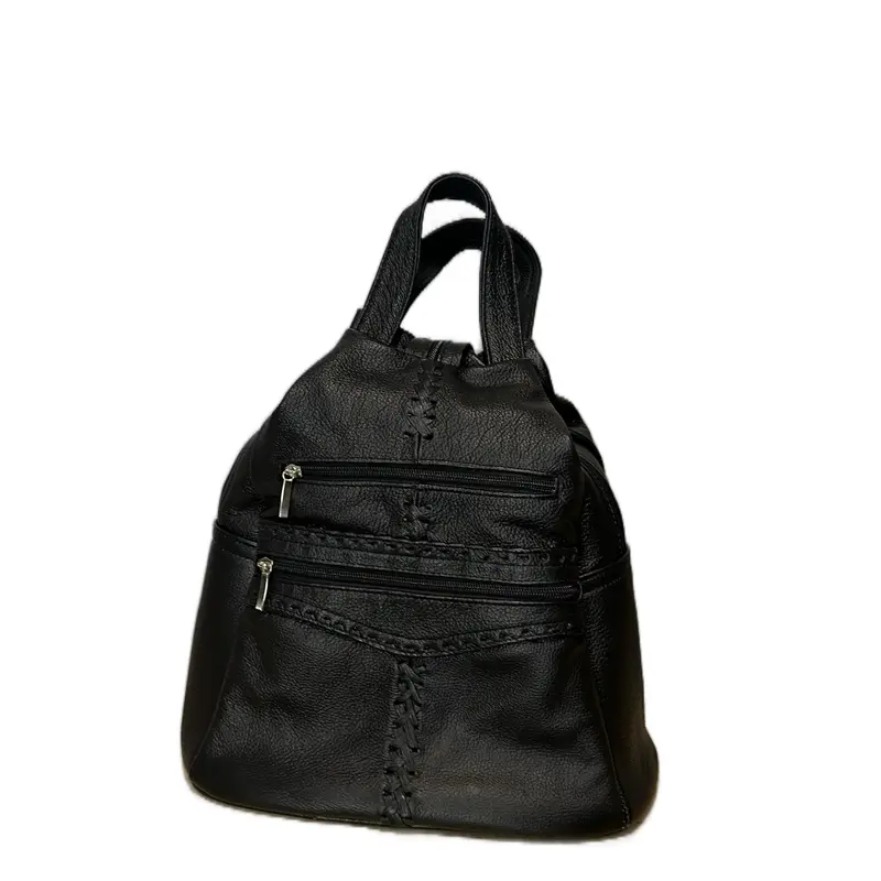 Mexican Calf Leather Backpack with Zippered Straps Top Handles and Cross-Stitch Details