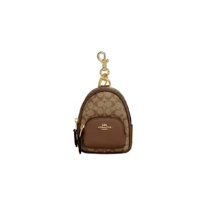 Coach Court 8 Classic Monogram Zip-Top Backpack PVC Charm Accessory for Women in Khaki and Saddle Brown