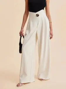 Women's High Waist Wide Leg Pants, Elegant Style, Moderate Fabric Thickness, Fitted Woven Material, All Season Wear