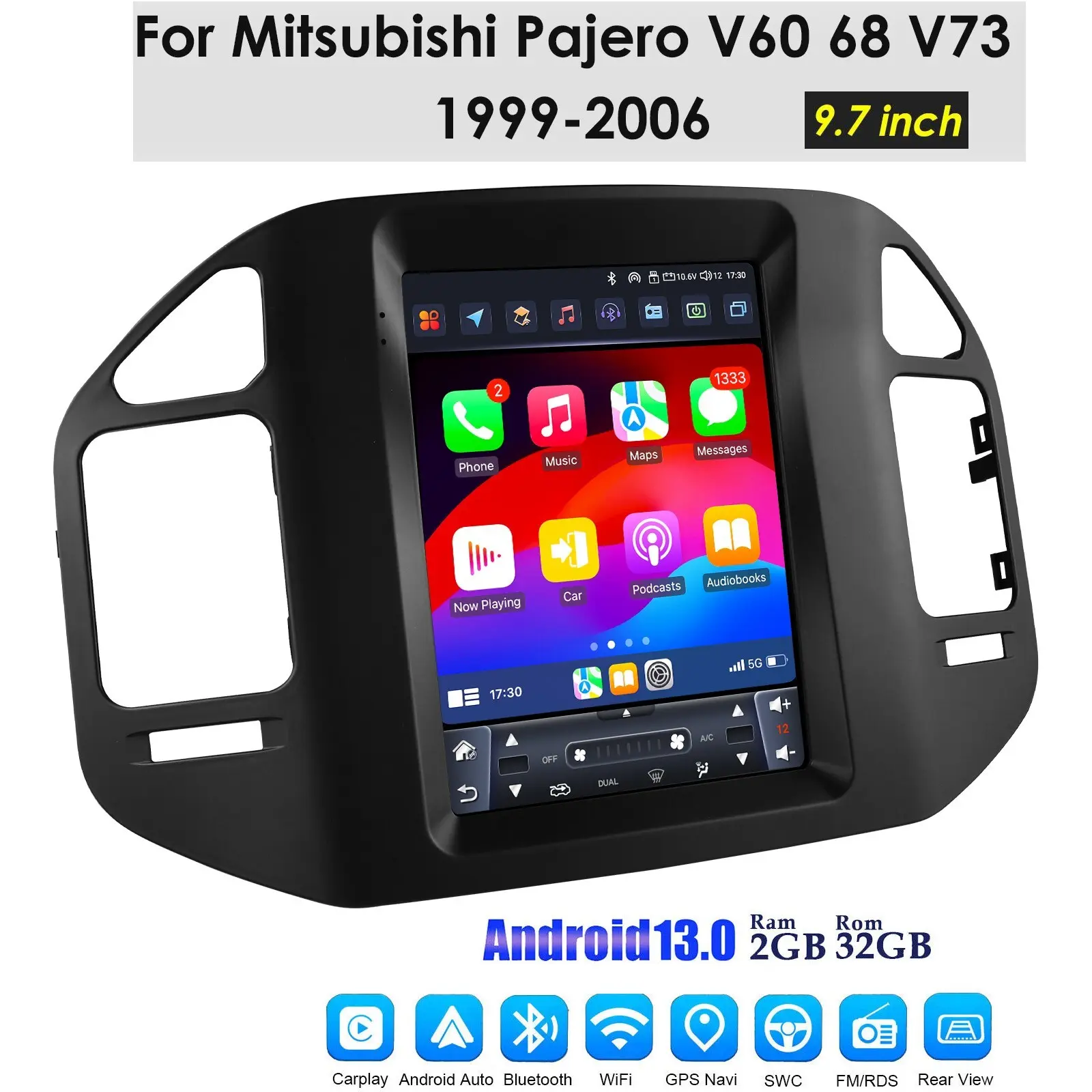 [Hizpo] 9.7in Backlit LED Touch Android 13 Car Multimedia Radio Stereo - Allwinner A100 Quad-Core CPU, 2GB DDR3, 32GB Memory, Bluetooth, CarPlay, Android Auto, GPS Navigation for Mitsubishi Pajero V60-V68-V73 (1999-2006)