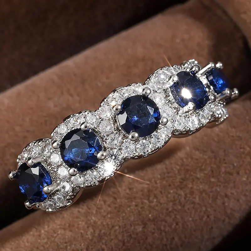 ZAKOLClassic Blue Cubic Zirconia Round Copper Rings For Women Girls Silver Color Metal Crystal Fingers Accessories Jewelry Gifts