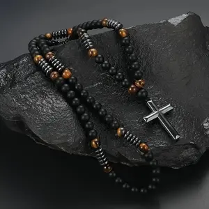 SereluneB  Eco-Friendly Father’s Day Gift 2pcs Natural Tiger Eye Necklace & Bracelet Set for Men Boho Style Cross Pendant Necklaces for Men & Women -Premium Cross Beaded Jewelry Versatile for Daily Wear & Formal Events, Avant-Garde Necklace
