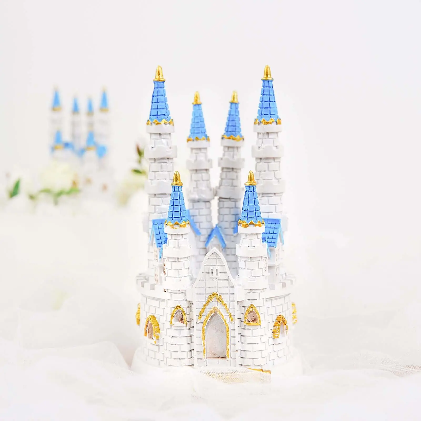 8.5" Decorative Fairytale Princess Castle Cake Topper Figurine, Blue and White, Princess Theme Party Decor for Baby Showers
