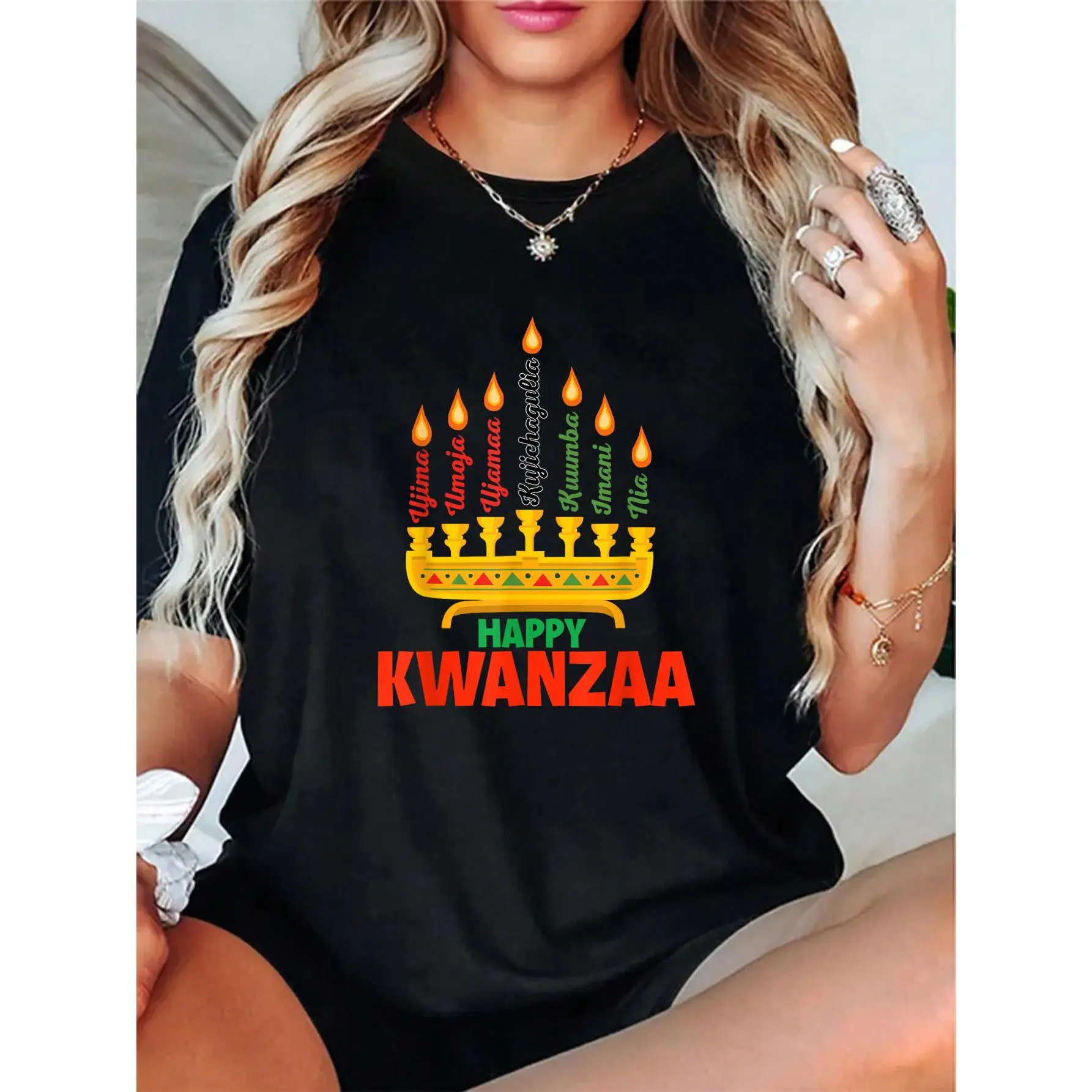 Women's Happy Kwanzaa Graphic Short-Sleeve T-Shirt - 100% Soft Cotton Fabric, Round Neck, Cute Custom-Made Tee, Breathable Relaxed Fit, Digital Print, Heritage Festival Everyday Casual Wear