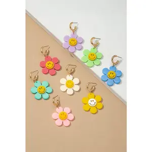 LA3accessories Huggie hoop dangling flower smiley face earrings