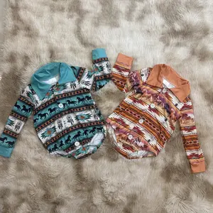 Long sleeves horse aztec printed baby boy button down western bubble no snaps